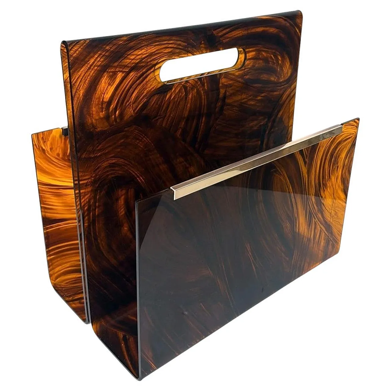 Magazine rack in brass and tortoiseshell plexiglass by W. Rizzo, 1980s 1