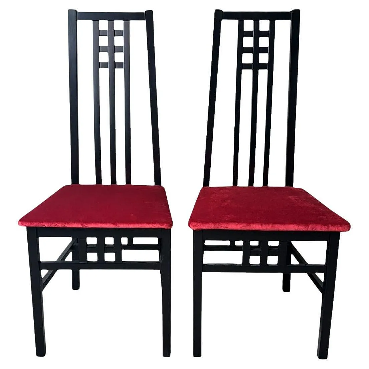 Pair of Mackintosh-style chairs in wood and velvet, 1970s 1