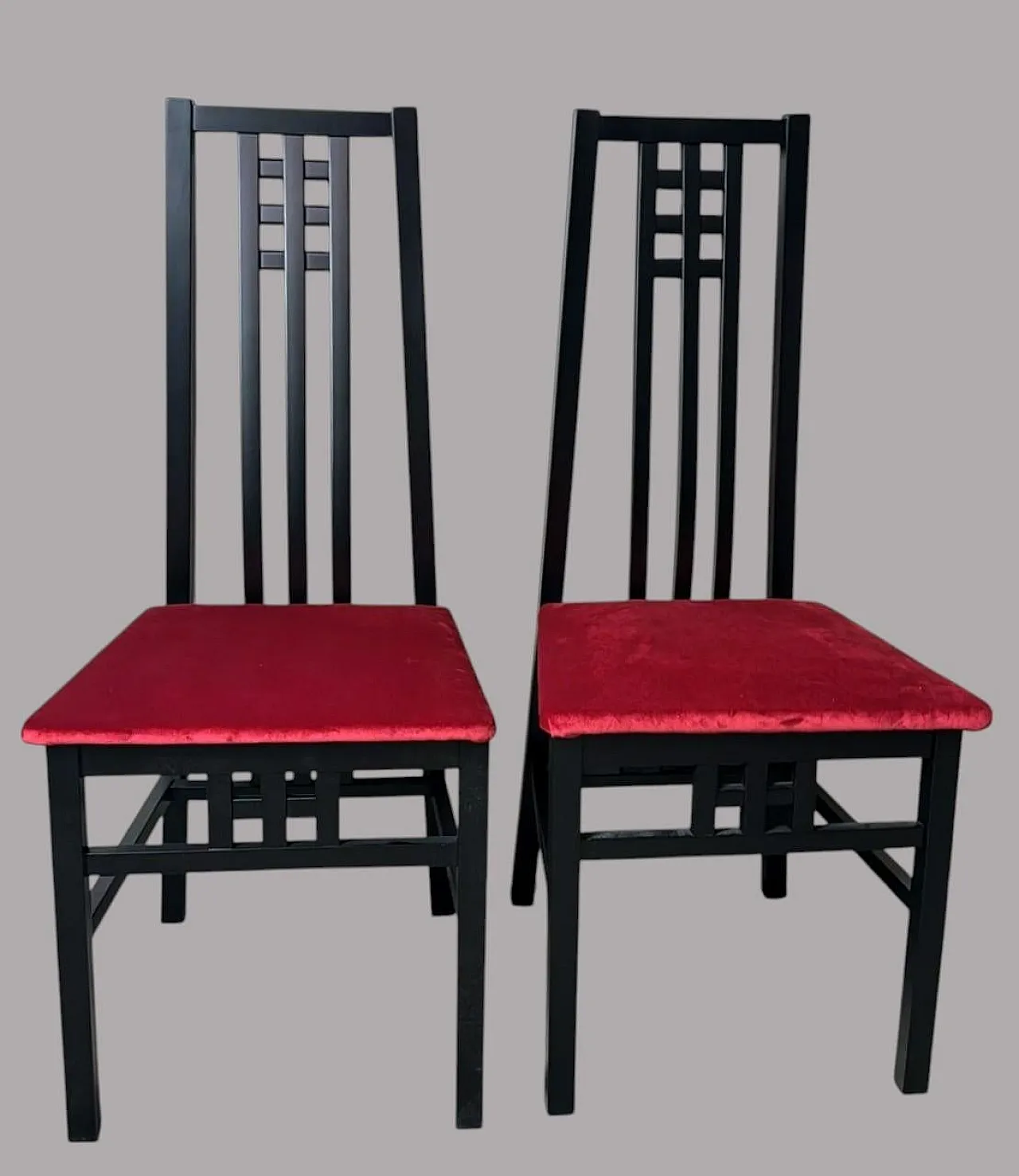 Pair of Mackintosh-style chairs in wood and velvet, 1970s 2