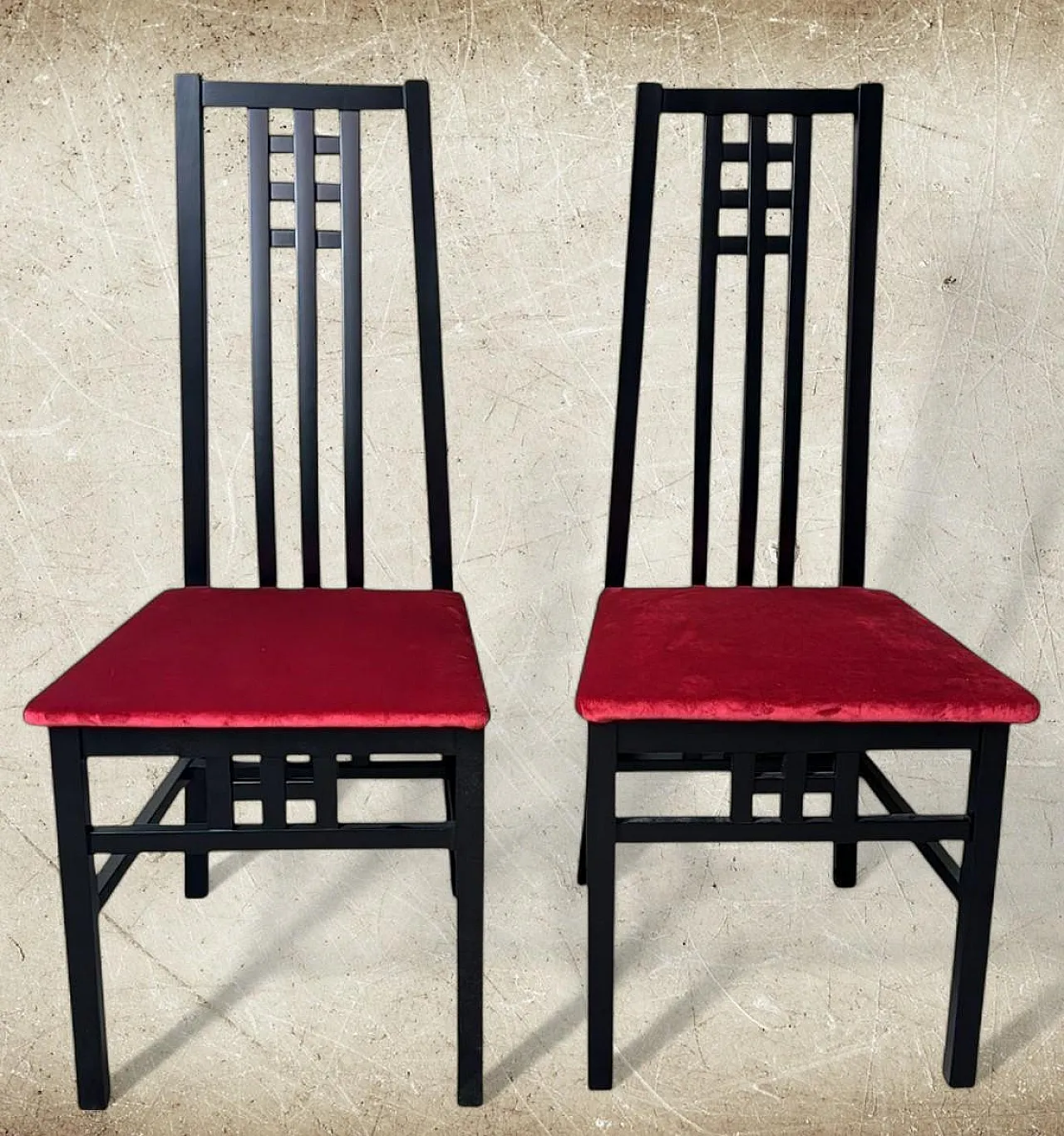 Pair of Mackintosh-style chairs in wood and velvet, 1970s 4