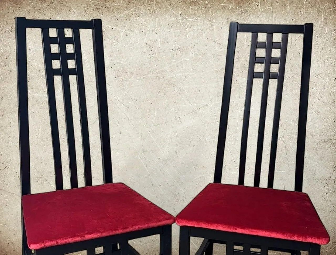 Pair of Mackintosh-style chairs in wood and velvet, 1970s 6