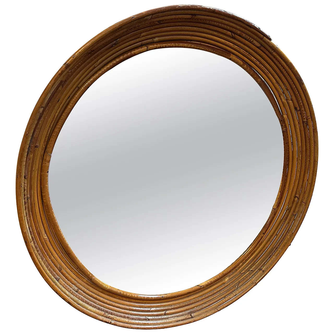 Specchio da parete rotondo con cornice in rattan, anni '60 1
