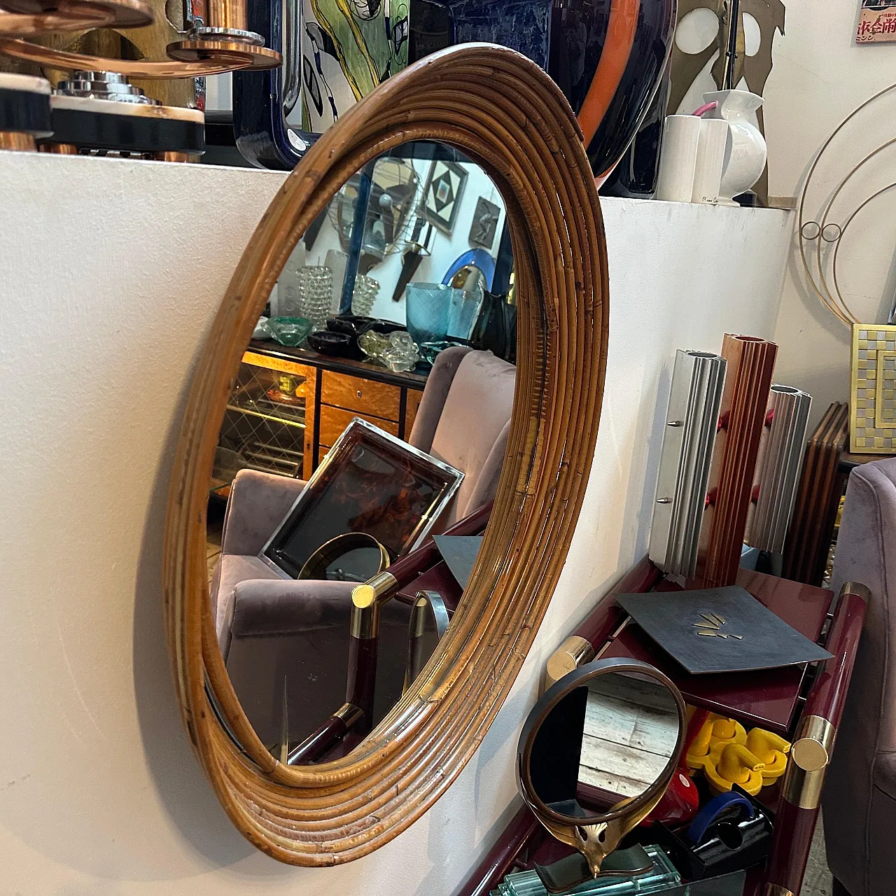 Specchio da parete rotondo con cornice in rattan, anni '60 2