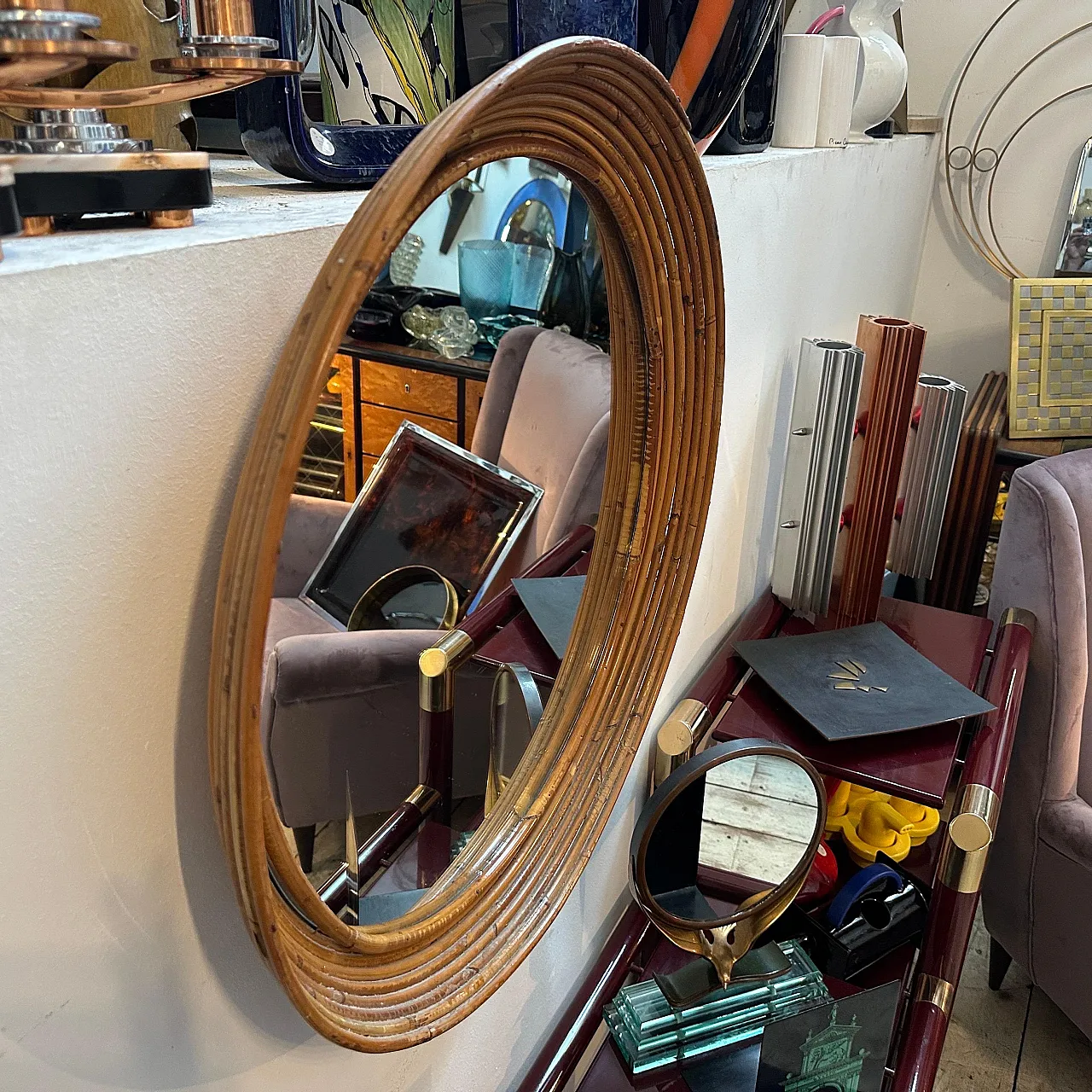 Specchio da parete rotondo con cornice in rattan, anni '60 3
