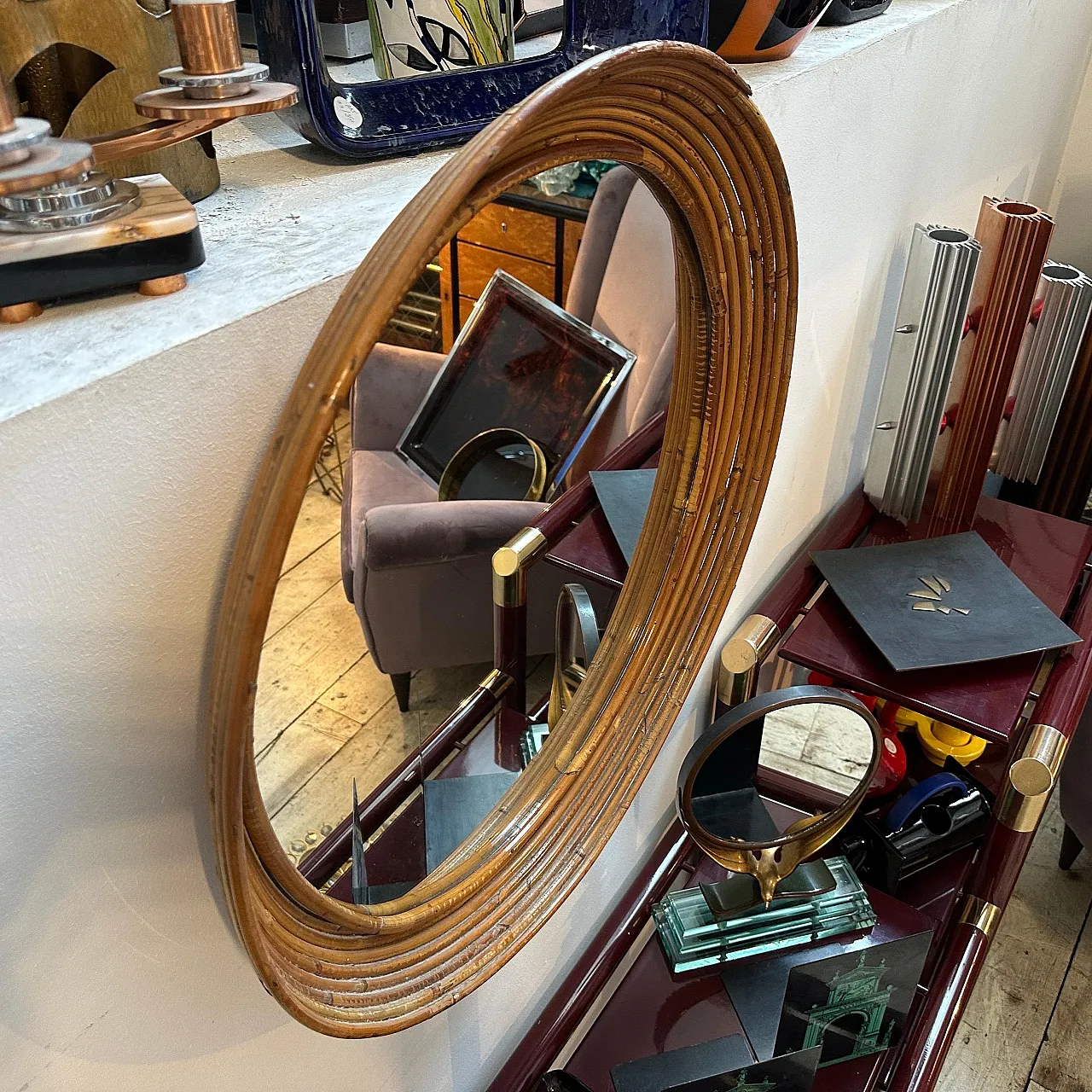 Specchio da parete rotondo con cornice in rattan, anni '60 4