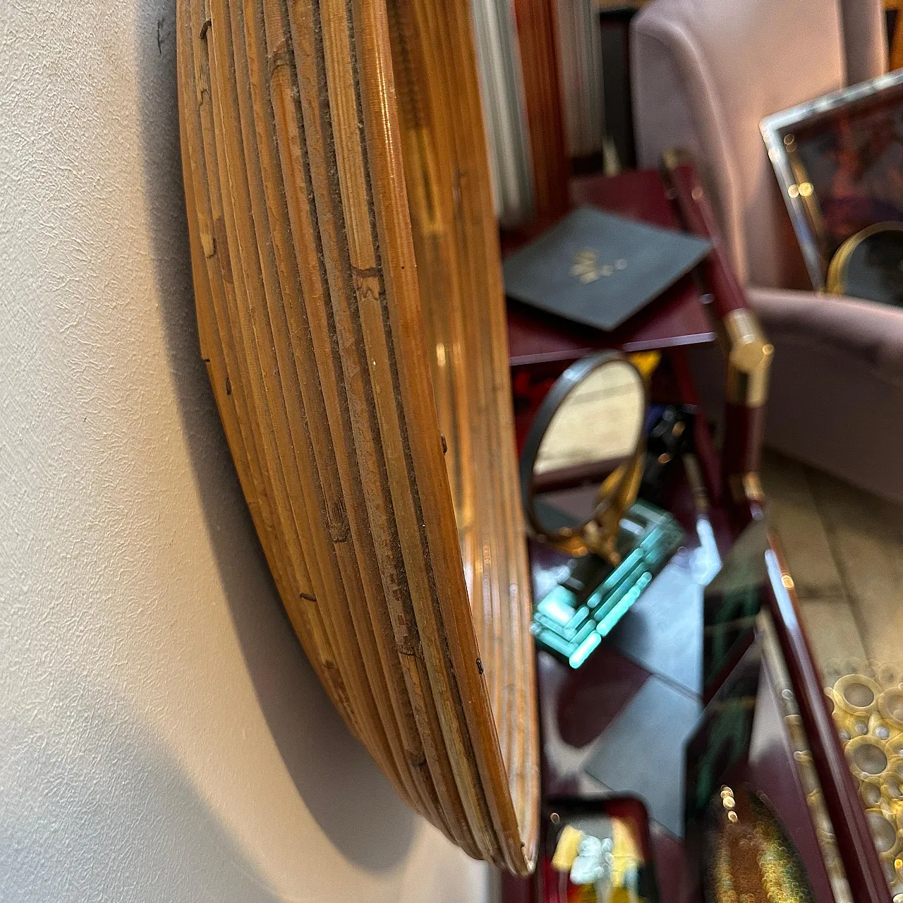 Specchio da parete rotondo con cornice in rattan, anni '60 7