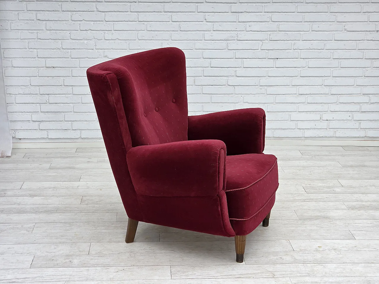 Danish armchair, cherry-red furniture velour, 1960s 2
