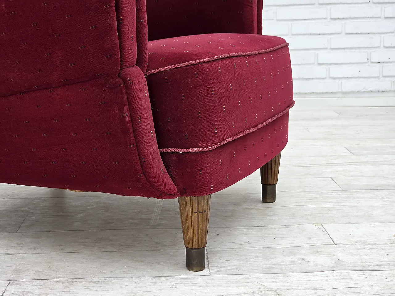 Danish armchair, cherry-red furniture velour, 1960s 3