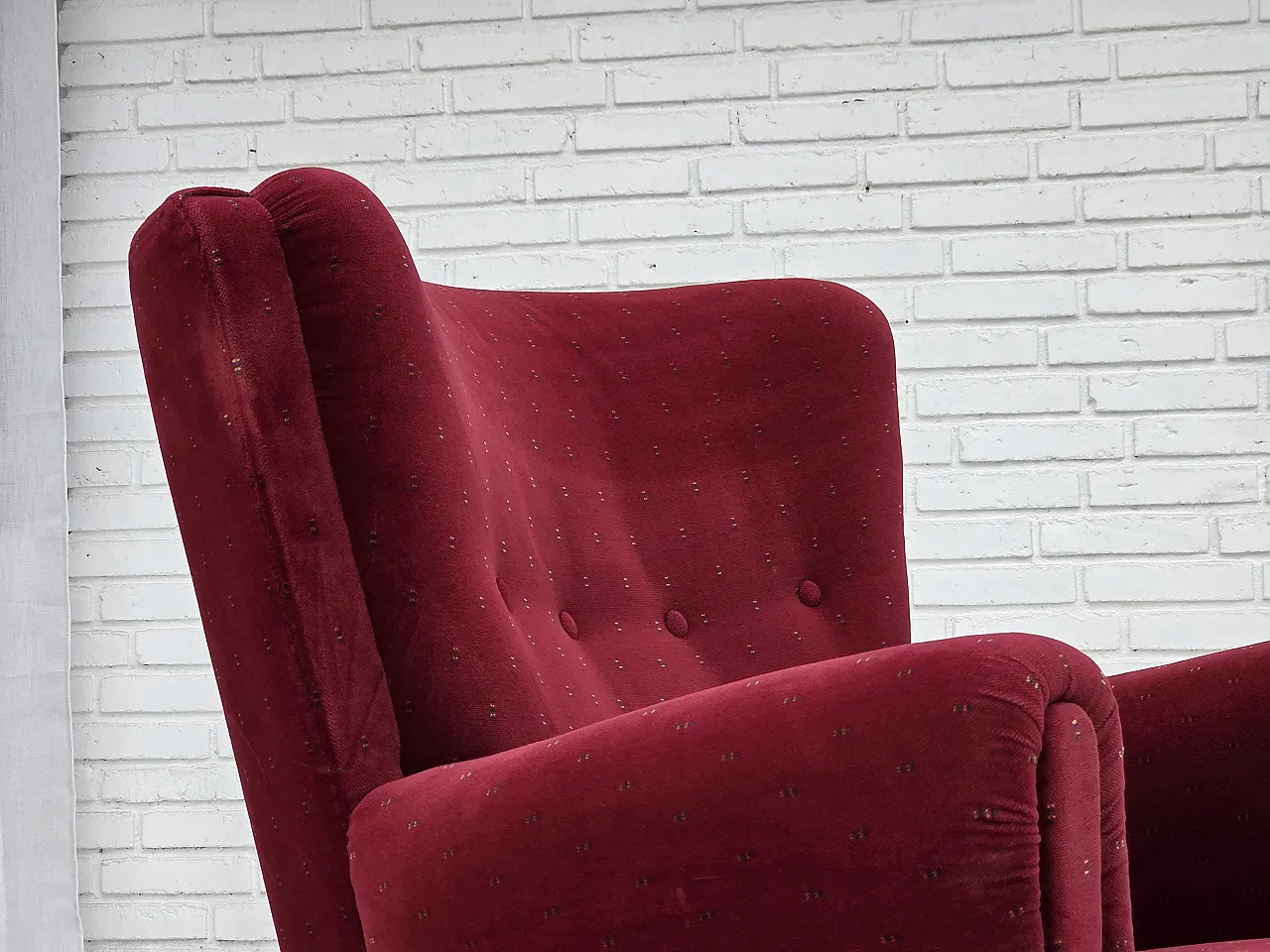 Danish armchair, cherry-red furniture velour, 1960s 4