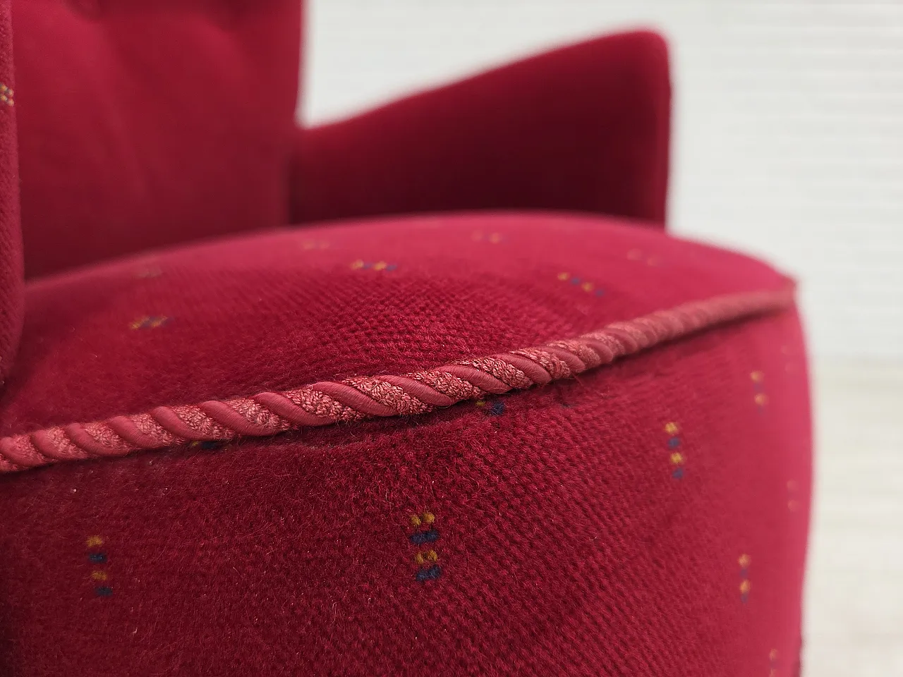 Danish armchair, cherry-red furniture velour, 1960s 6