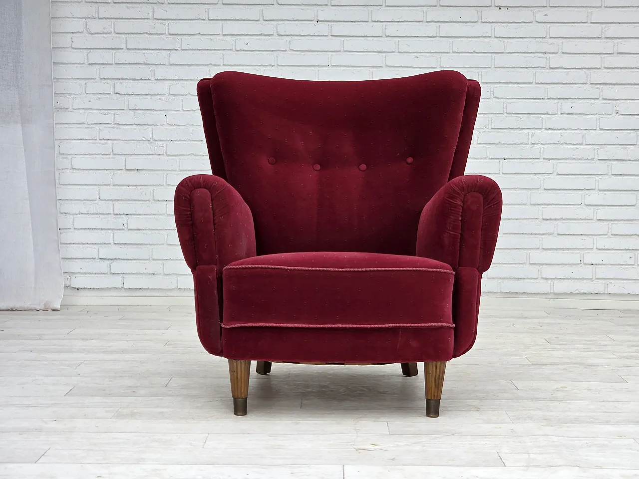 Danish armchair, cherry-red furniture velour, 1960s 7