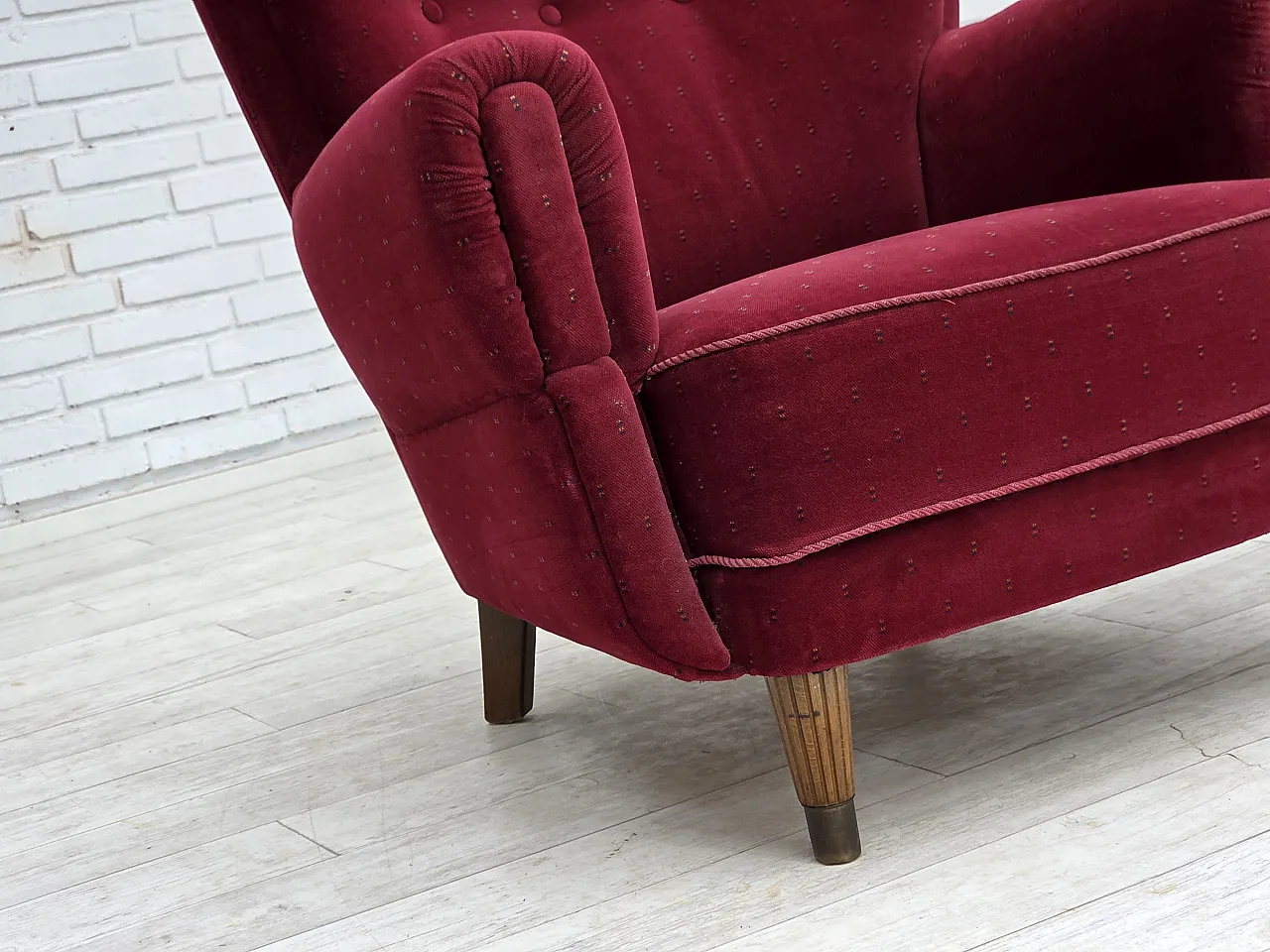 Danish armchair, cherry-red furniture velour, 1960s 8