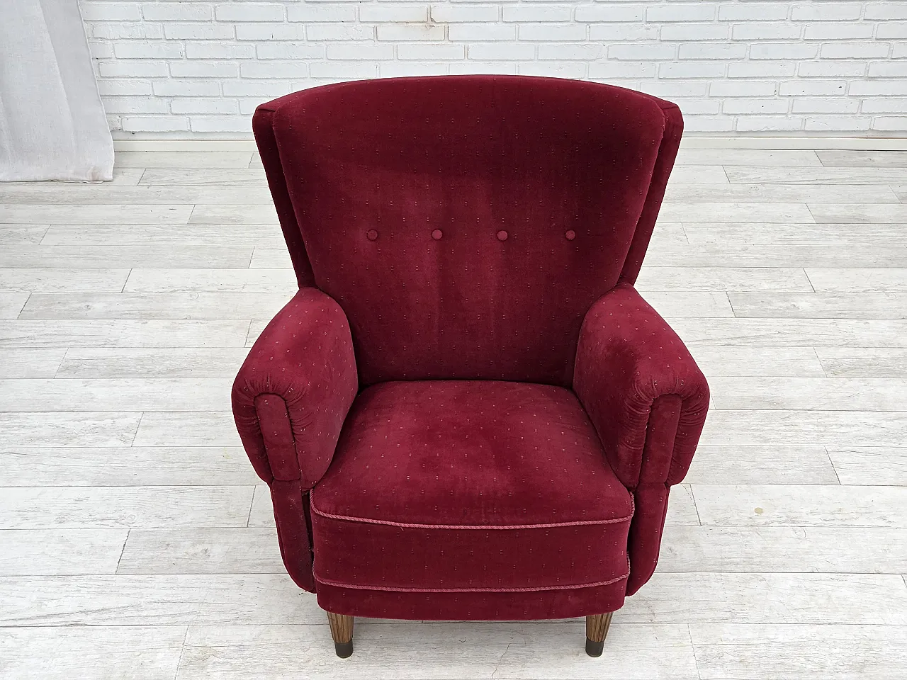 Danish armchair, cherry-red furniture velour, 1960s 9