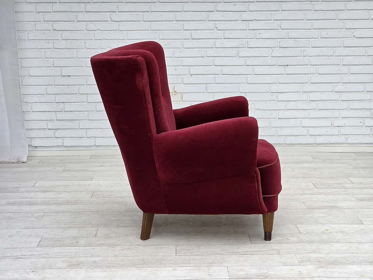 Danish armchair, cherry-red furniture velour, 1960s 10