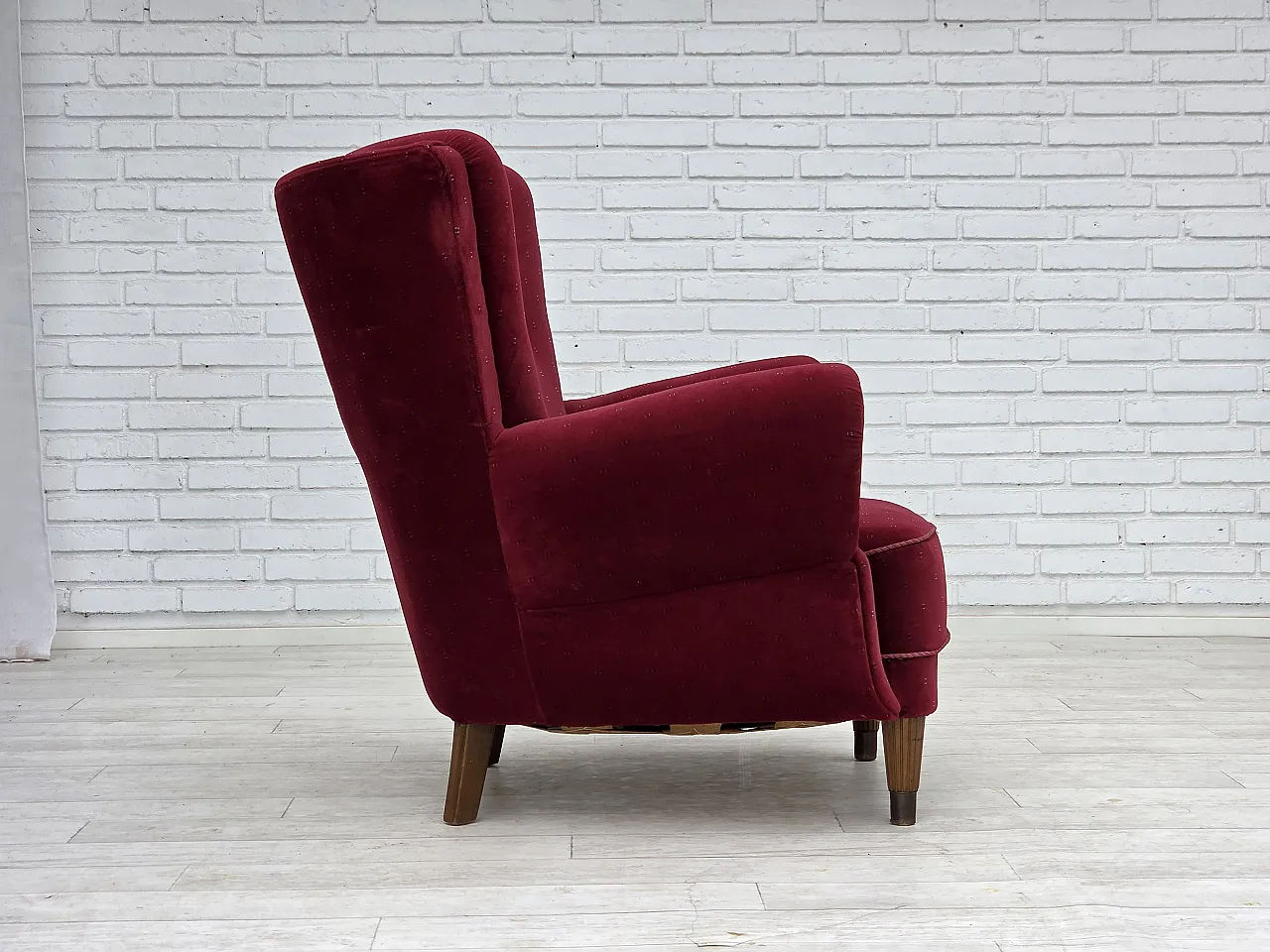 Danish armchair, cherry-red furniture velour, 1960s 11