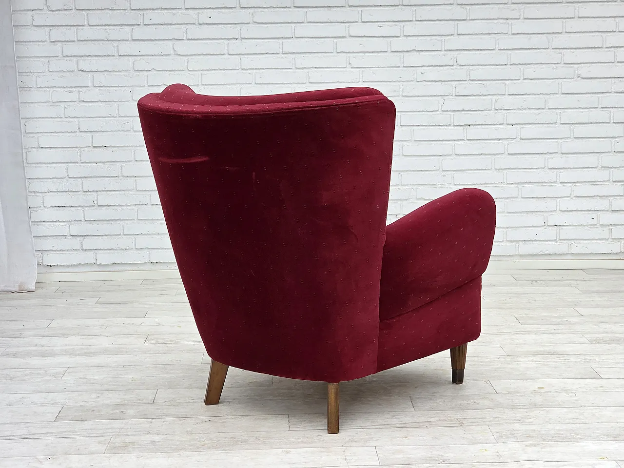 Danish armchair, cherry-red furniture velour, 1960s 12