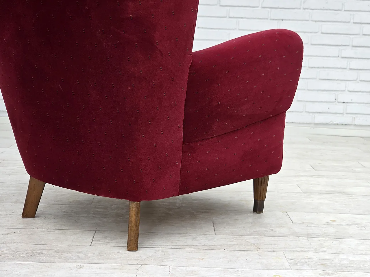 Danish armchair, cherry-red furniture velour, 1960s 13