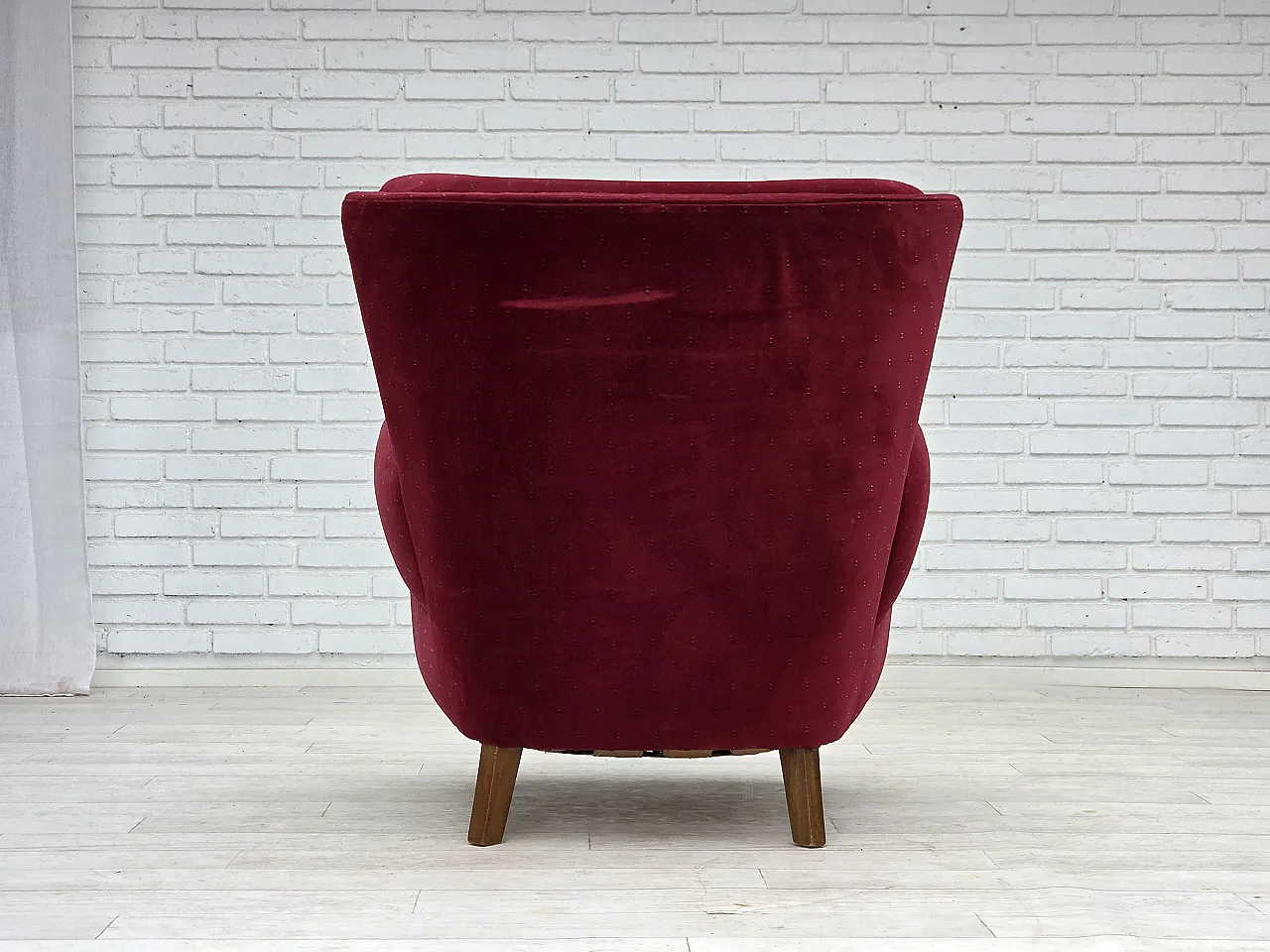 Danish armchair, cherry-red furniture velour, 1960s 14