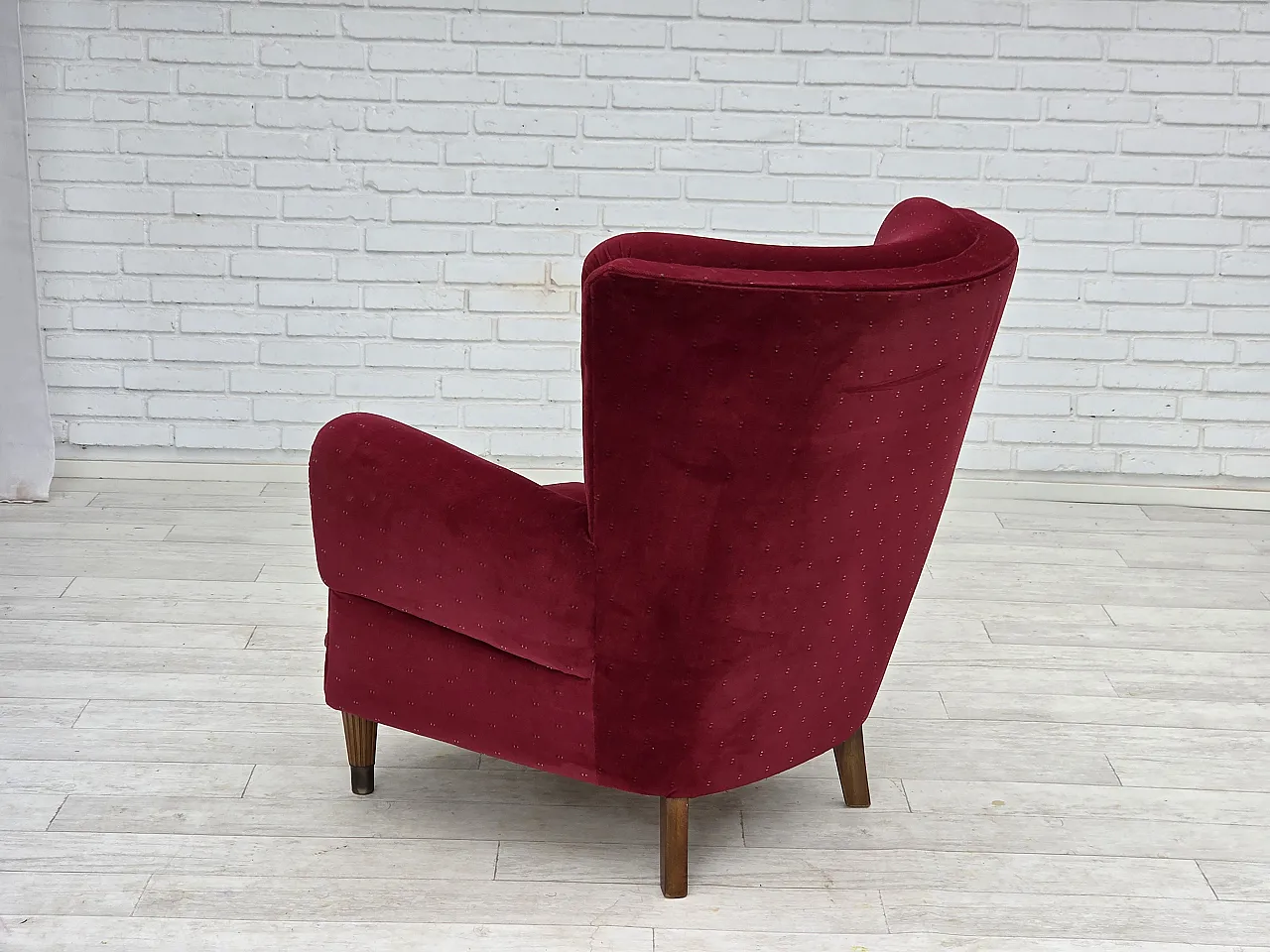 Danish armchair, cherry-red furniture velour, 1960s 15