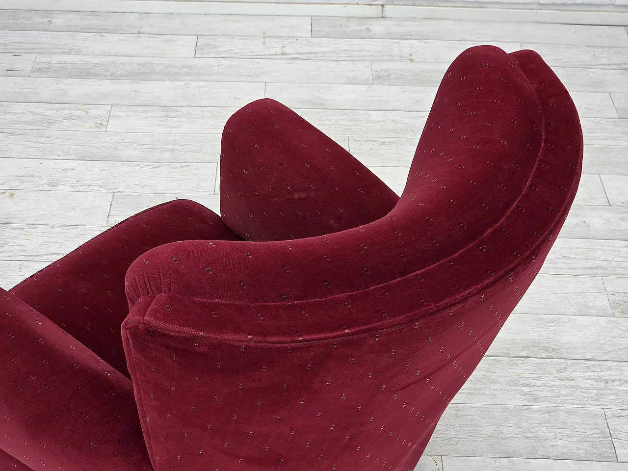 Danish armchair, cherry-red furniture velour, 1960s 16