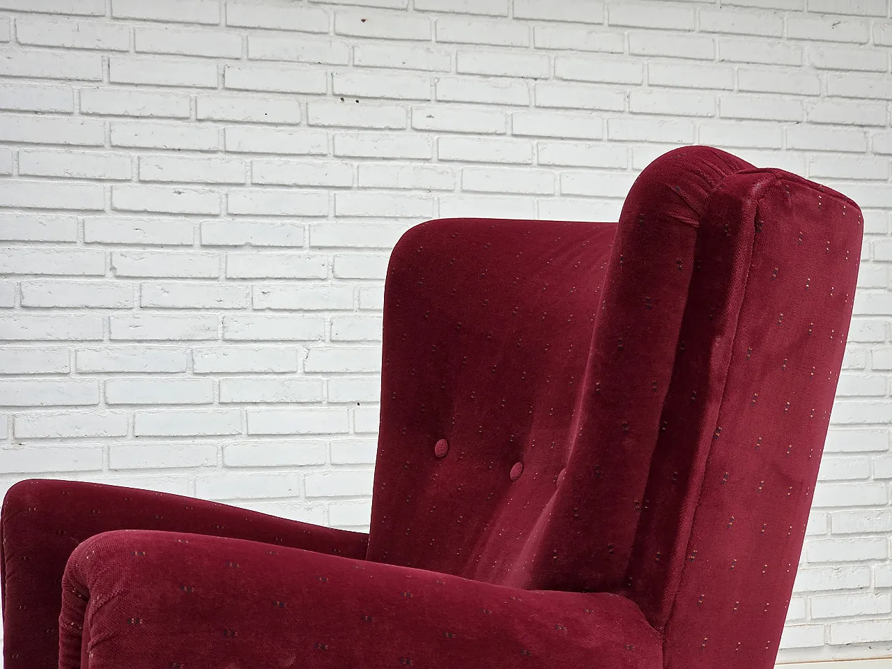 Danish armchair, cherry-red furniture velour, 1960s 17