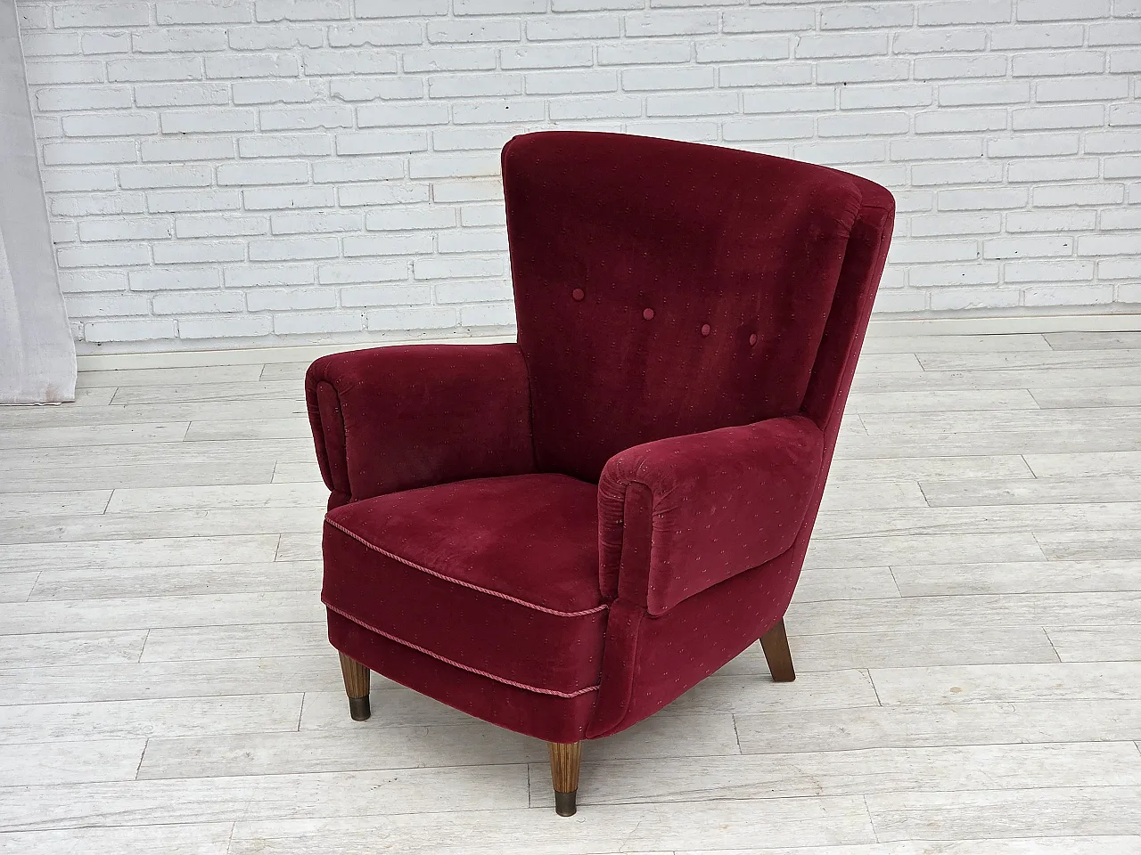 Danish armchair, cherry-red furniture velour, 1960s 18