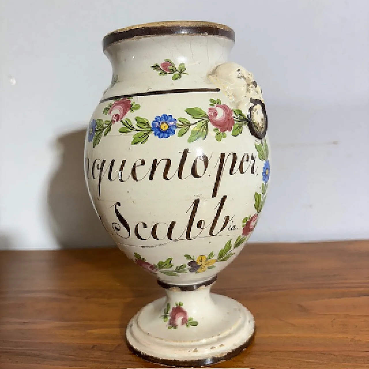 Coppia di vasi dipinti da farmacia, fine '700 4