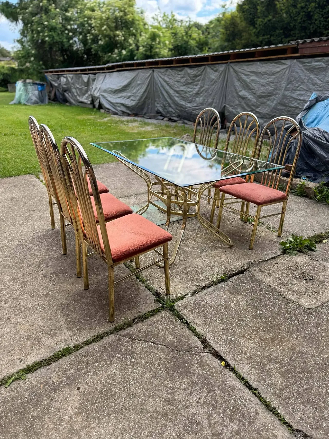 Table in brass with 6 chairs, 1970s 1