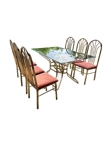 Table in brass with 6 chairs, 1970s