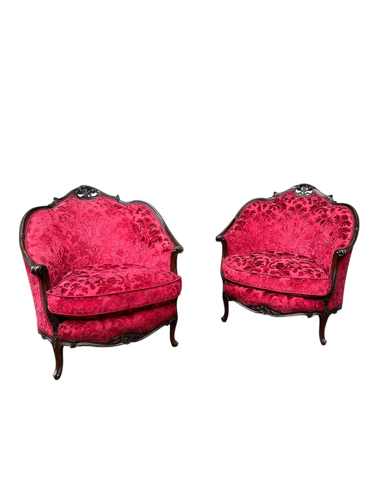 Pair of red armchairs red damask, 19th century 1