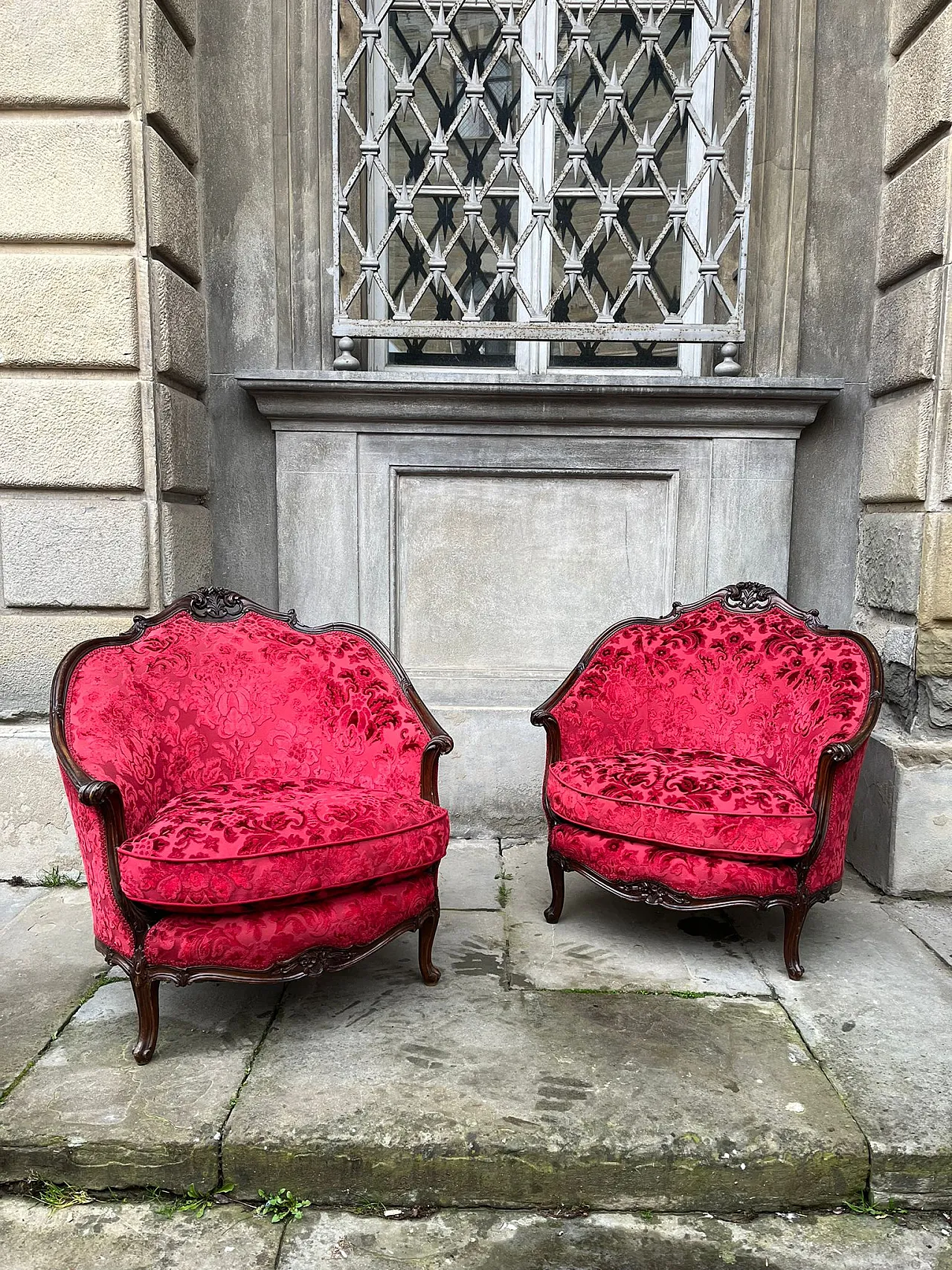 Pair of red armchairs red damask, 19th century 2