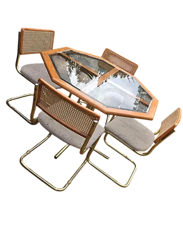 Octagonal brass and glass dining table with 4 chairs, 1960s
