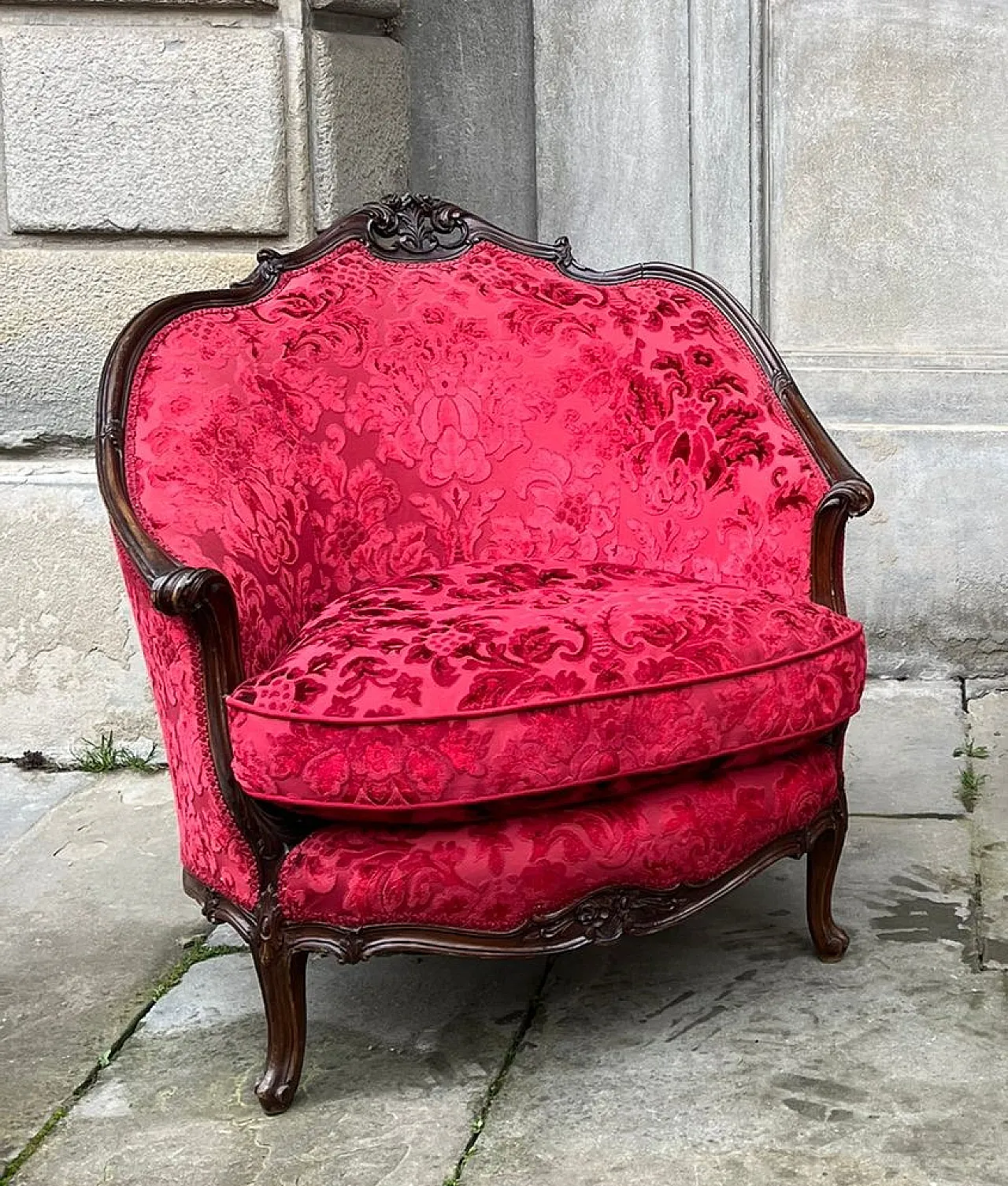 Pair of red armchairs red damask, 19th century 3