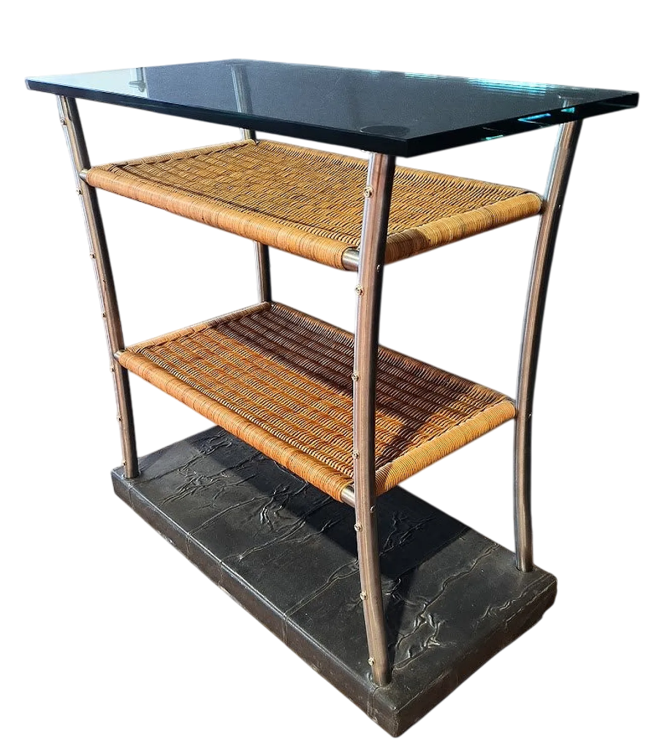 Mobile bar in acciaio con vimini di Toni Cordero, anni '70 6