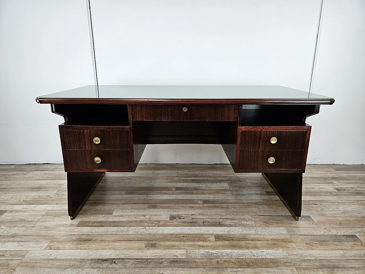 Decò Desk wood and brass, 60s 1