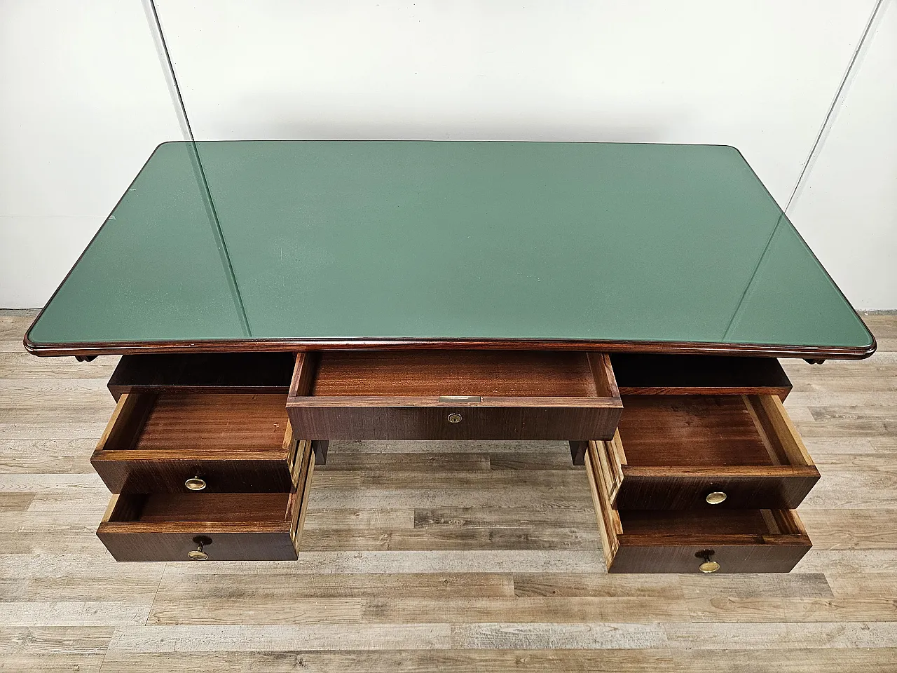 Decò Desk wood and brass, 60s 16