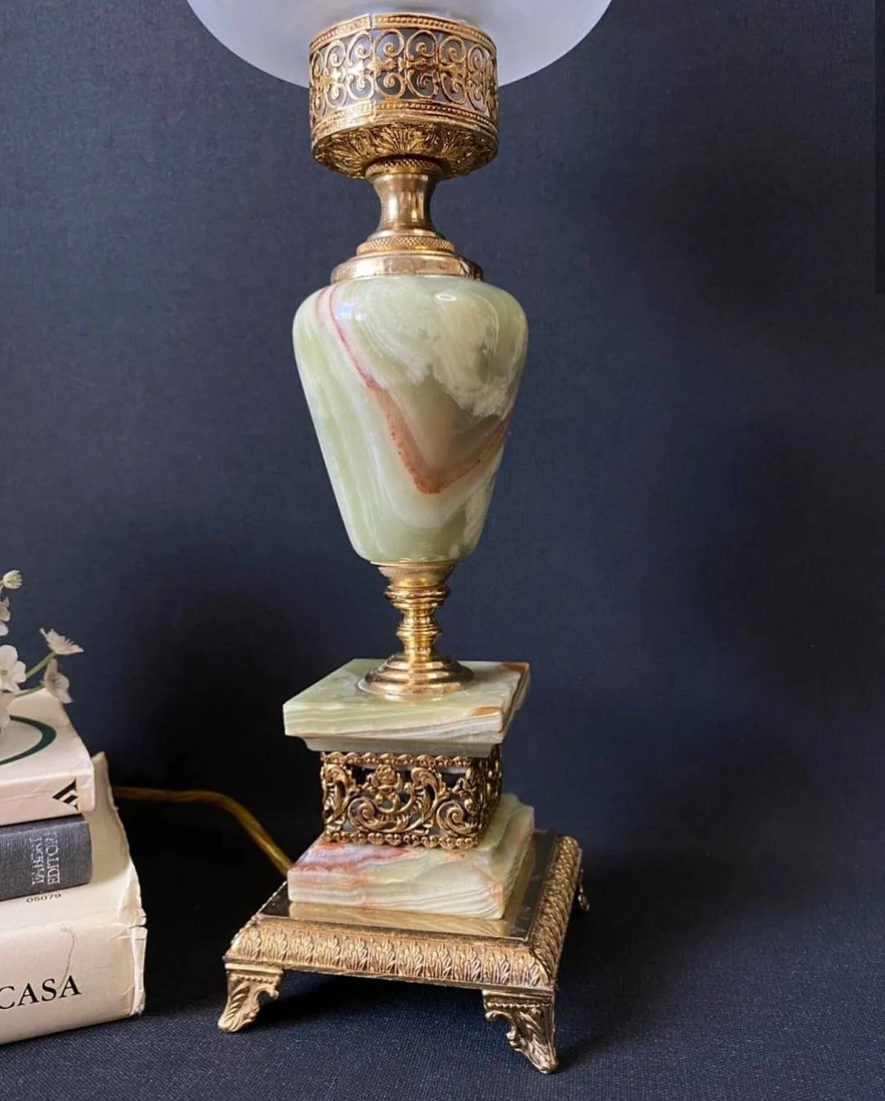 Alabaster, golden metal and glass lamp, early 20th century 3