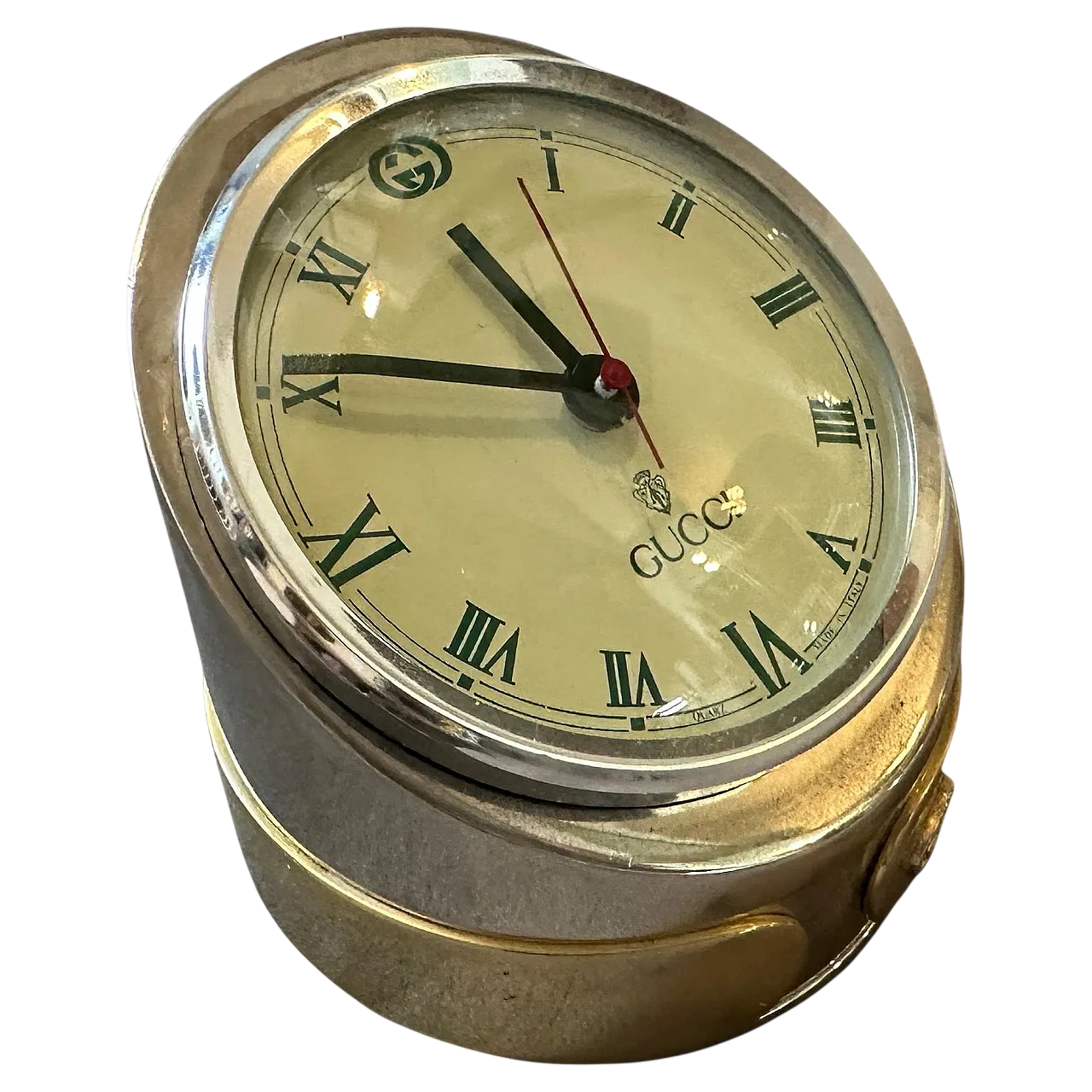 Brass and silver-plated table clock by Gucci, 1980s 10