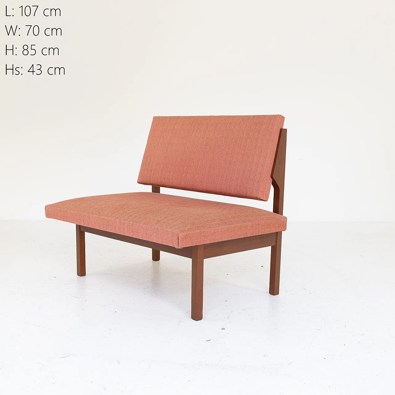 Wooden lounge bench and brick red fabric, 1970s 1