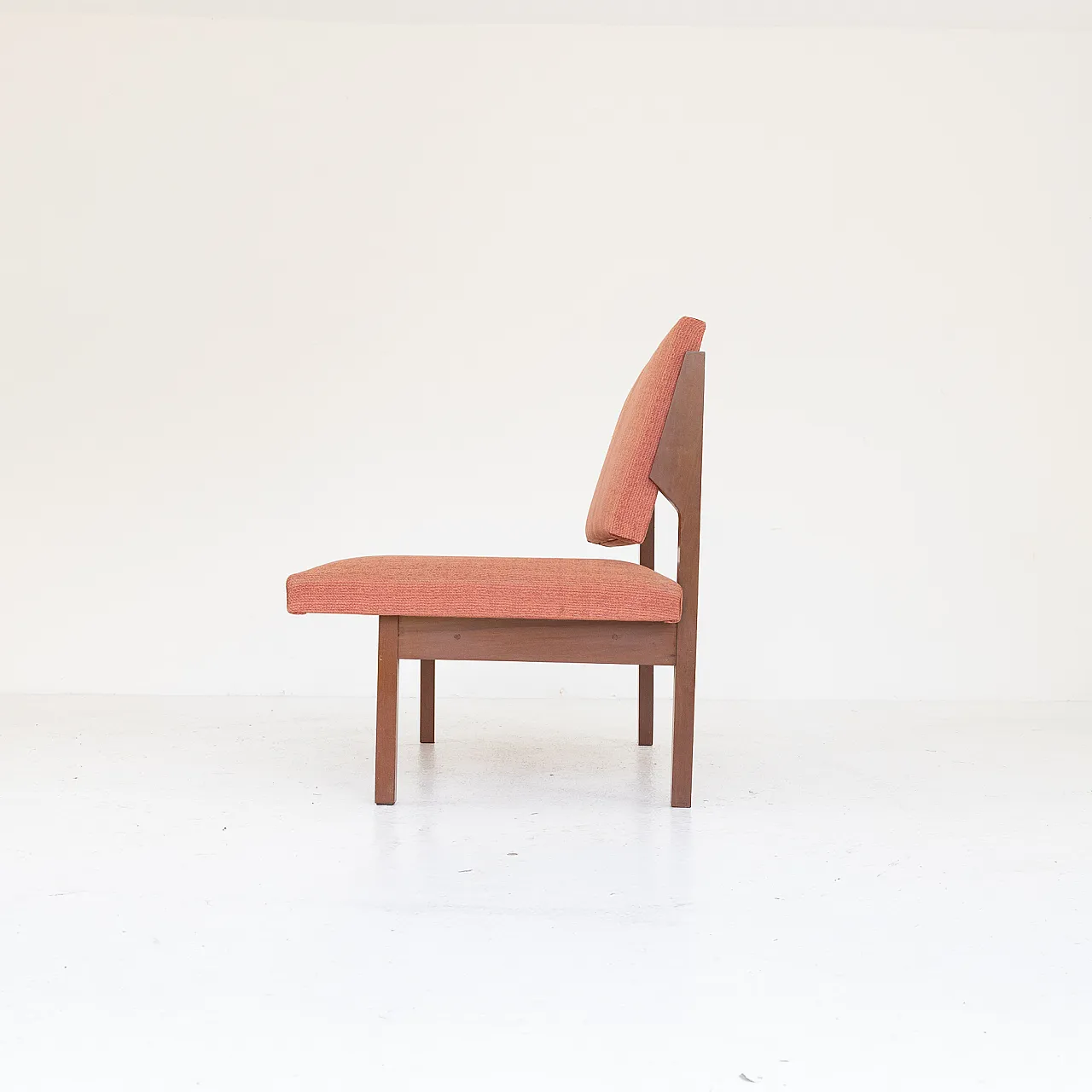 Wooden lounge bench and brick red fabric, 1970s 2