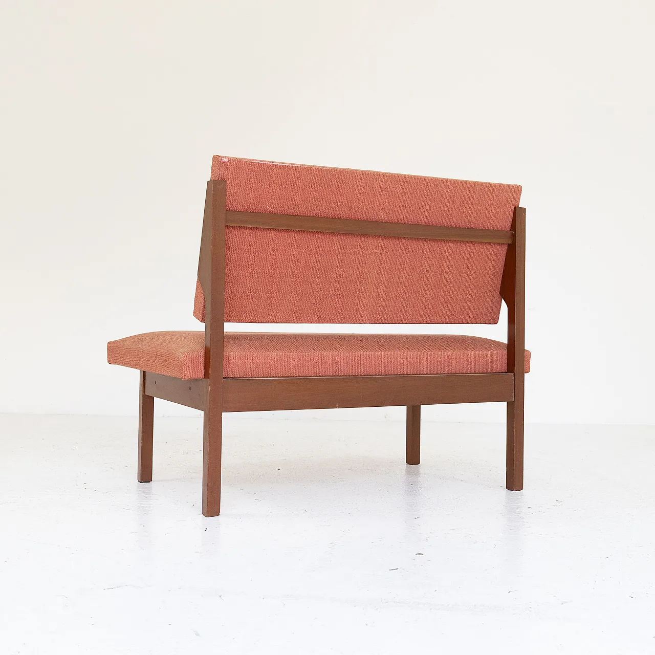 Wooden lounge bench and brick red fabric, 1970s 3