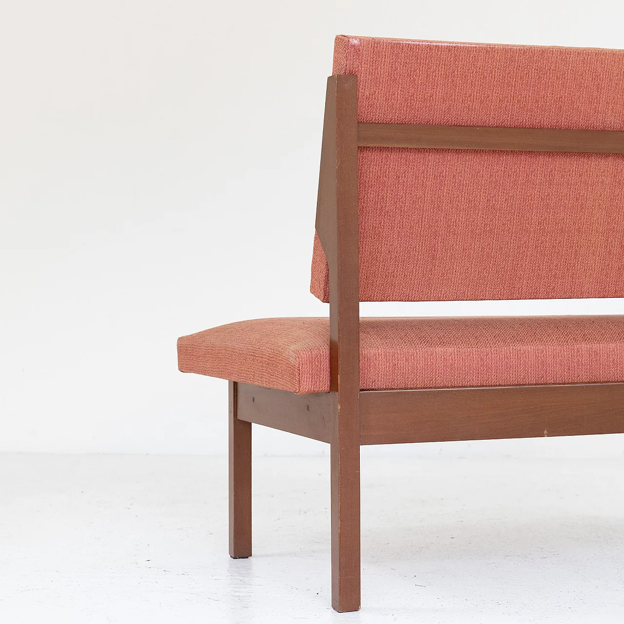 Wooden lounge bench and brick red fabric, 1970s 4