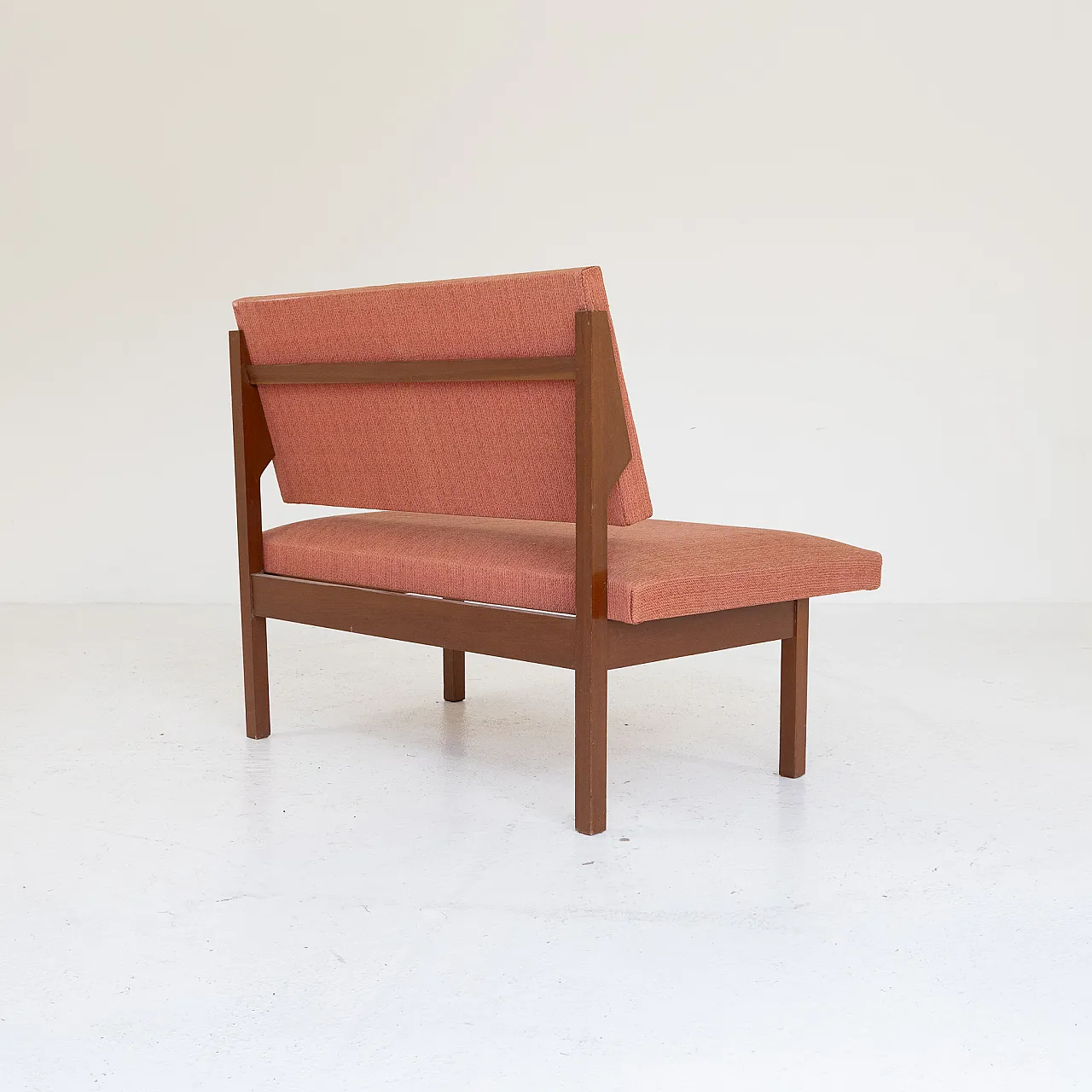Wooden lounge bench and brick red fabric, 1970s 6