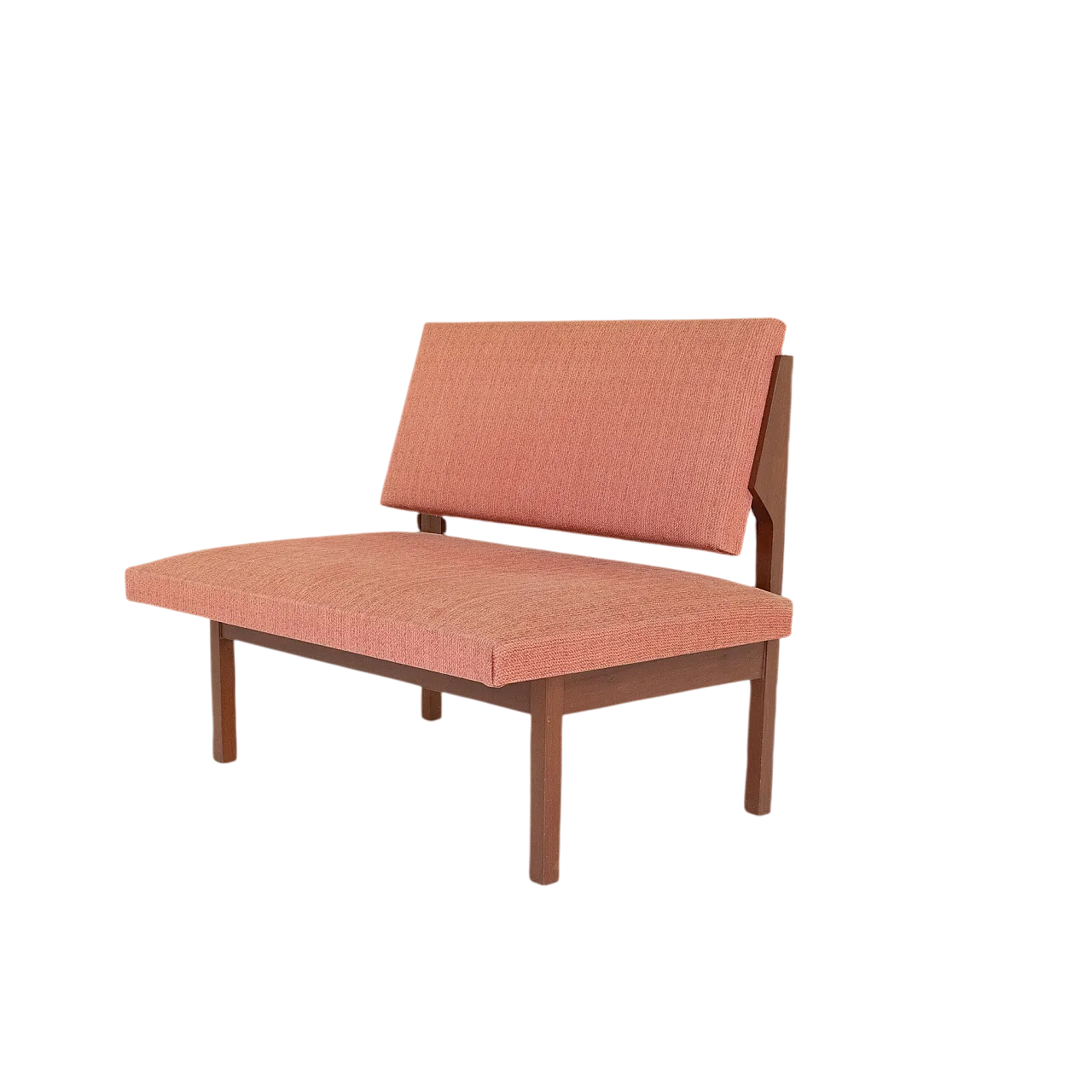 Wooden lounge bench and brick red fabric, 1970s 8