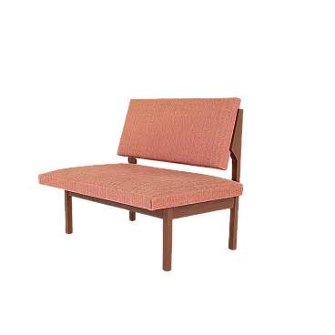 Panca lounge in legno e tessuto rosso mattone, anni ’70