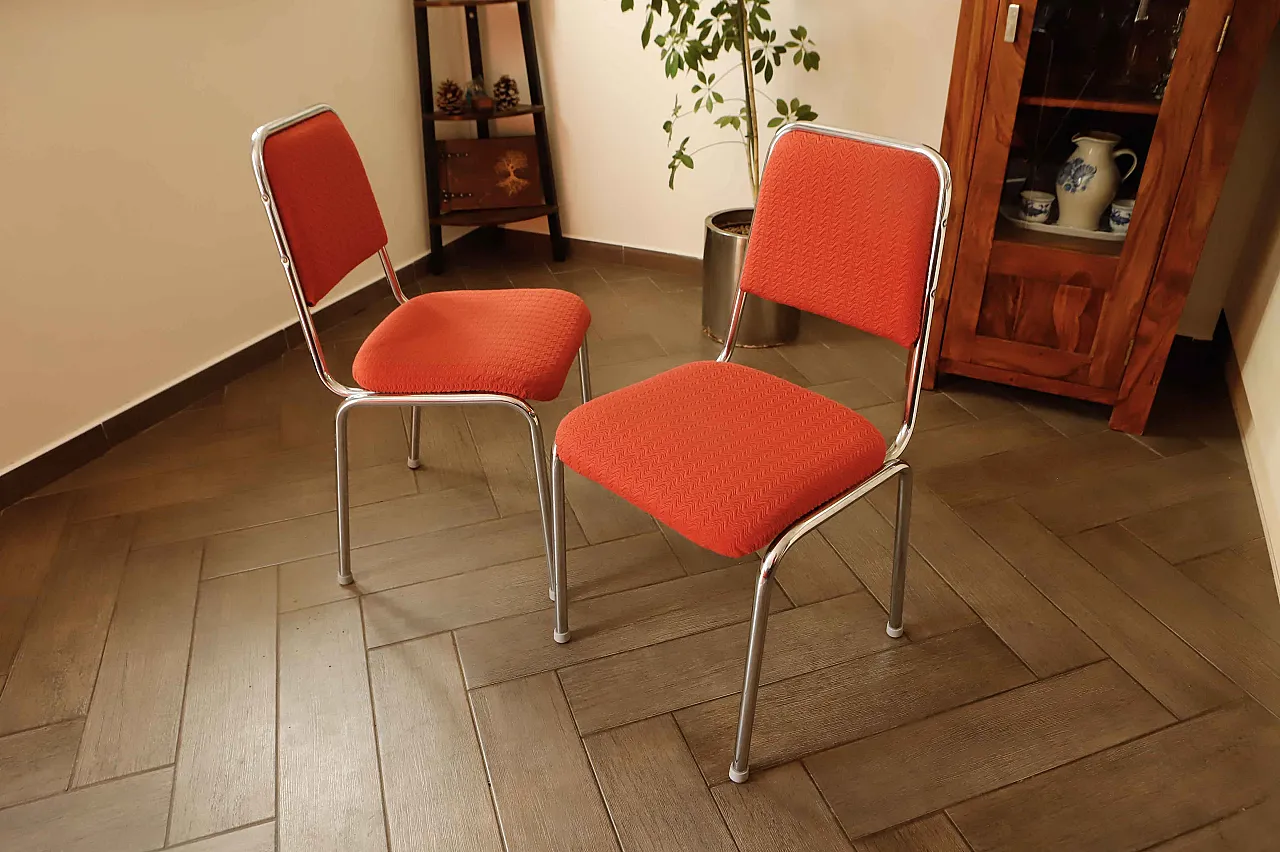 Pair of Retro Chrome Frame Chairs with Red Upholstery 1