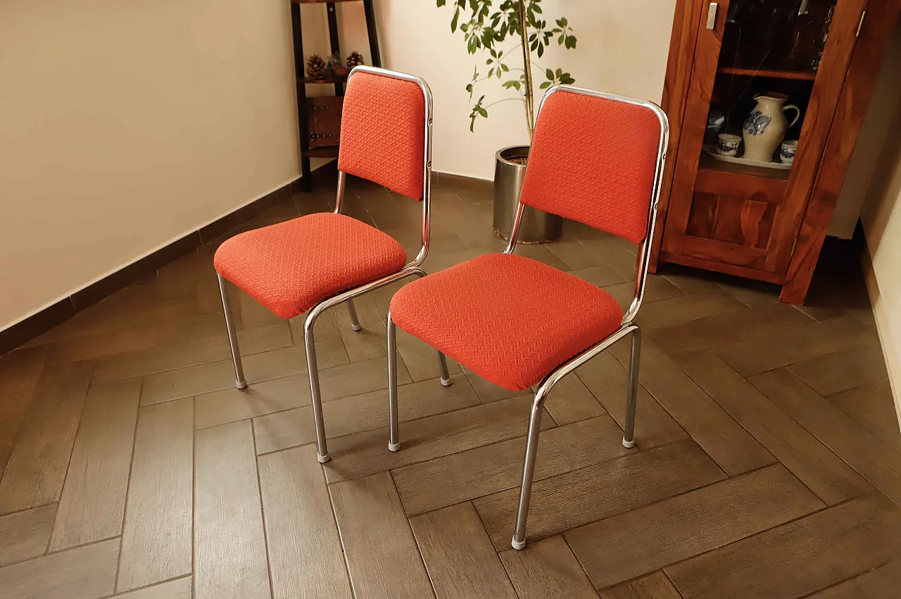 Pair of Retro Chrome Frame Chairs with Red Upholstery 2