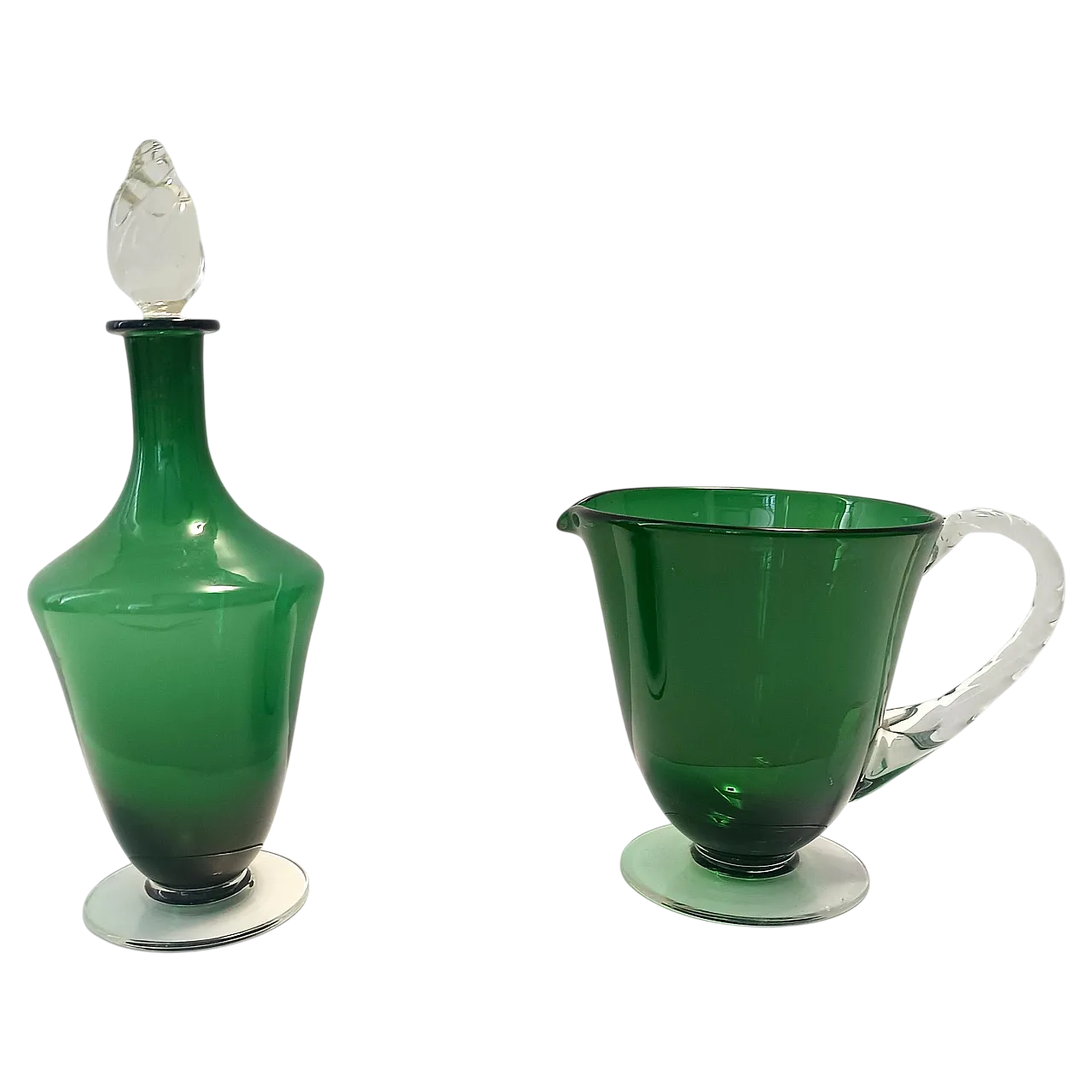 Pair of Green Hand-Blown Glass Wine and Water Pitchers, Empoli, 50s 14