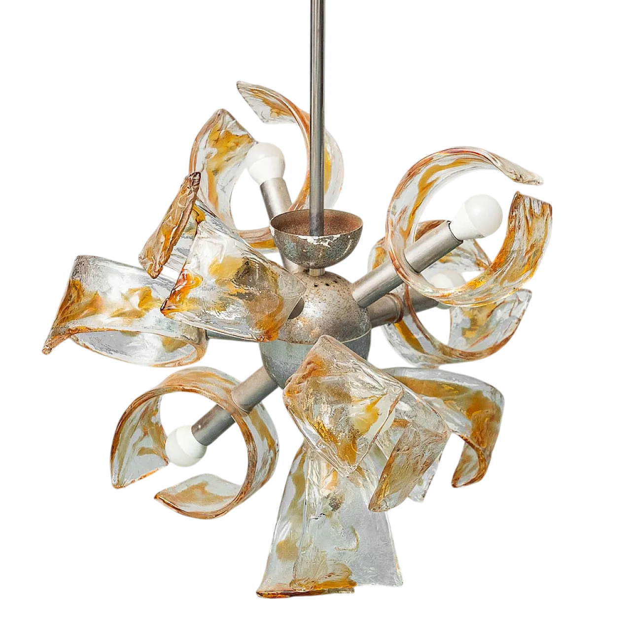 Lampadario Mazzega a 9 luci in metallo cromato e vetro anni 70 11