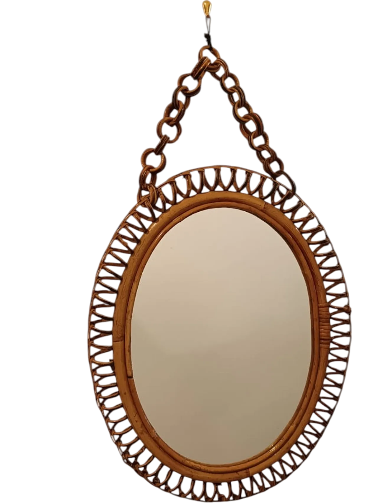 Oval wall mirror in rattan and bamboo with chain, 60s 7